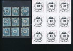 1881 27 db Színesszámú 10kr elfogazásokkal, karcokkal, színes pontokkal, gyöngysor melletti erős festékelkenődések