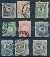 1881 9 db Színesszámú Krajcáros bélyeg, közte méreteltérések, színváltozatok, lemezhibák