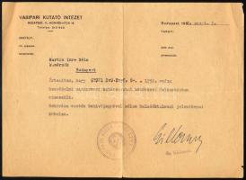 1950 Bp., Gillemot László (1912-1977) kétszeres Kossuth-díjas gépészmérnök, anyagtudós, az MTA tagja, a Vasipari Kutatóintézet igazgatója autográf aláírása katonai szolgálat alóli felmentésen