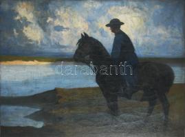 Vágó Pál (1853-1928): Lovas a Tisza partján. Olaj, vászon, jelezve balra lent: Vágó, jelezve jobbra ...
