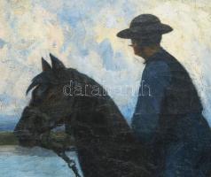 Vágó Pál (1853-1928): Lovas a Tisza partján. Olaj, vászon, jelezve balra lent: Vágó, jelezve jobbra ...