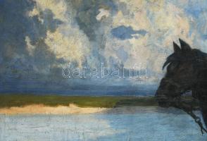 Vágó Pál (1853-1928): Lovas a Tisza partján. Olaj, vászon, jelezve balra lent: Vágó, jelezve jobbra ...