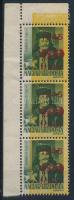 1945 Kisegítő 60/8f hármascsík elcsúszott alapnyomattal és felülnyomással / Mi 794 stripe of 3 with ...