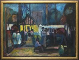Kecskeméti István (1932-2006): Piac. Olaj, vászon. Jelezve balra lent. Fakeretben. 100x90 cm