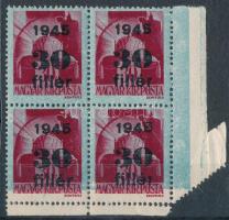 1945 Kisegítő 30f/30f ívsarki négyestömb elcsúszott alapnyomattal, elfogazva / Mi 785 cornre block o...