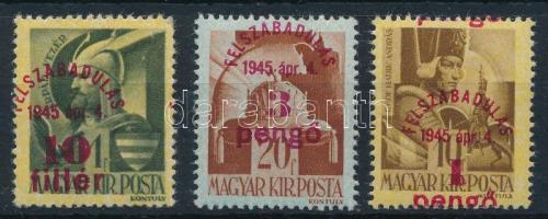 1945 3 db Felszabadulás bélyeg elcsúszott felülnyomással (10f papírránc / paper crease)