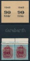 1945 90f fekete felülnyomat próbanyomata párban + támpéldány / proof of the 90f black overprint in p...