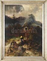 Böhm Pál (1839-1905): Hegyvidéki táj anyával és gyermekével, 1888. Olaj, fatábla. Jelezve balra lent...