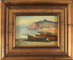 Antik képkeret, benne olajfestmény, 9x12 cm, 17x20 cm