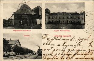 1914 Egyed, Fogyasztási szövetkezet üzlete, Egyed Artur kastélya, indóház, vasútállomás, gőzmozdony,...