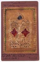 1901 Egyedi kézzel készült művészlap: kihajtható ablak mögött Krisztus a kereszten, oltárkép / hand-...