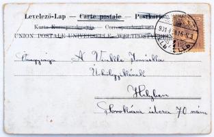 1901 Egyedi kézzel készült művészlap: kihajtható ablak mögött Krisztus a kereszten, oltárkép / hand-...