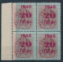 1945 Kisegítő portó 20f/4f ívszéli négyestömb elcsúszott alapnyomattal / Mi P 164 margin block of 4 ...