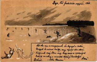 1902 Egyedi, kézzel festett művészlap, vadászjelenet / hand-painted art postcard: hunting (EK)