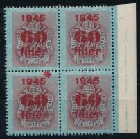 1945 Kisegítő portó 60f/24f ívszéli négyestömb festékfolttal / Mi P 171 margin block of 4 with paint...