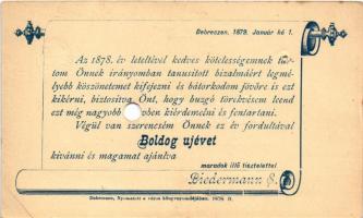 1879 Debrecen, Biedermann E. újévi üdvözlőlapja, reklám +2f Ga (lyukasztott / punched hole)
