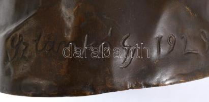 Sztankó Gyula (1900-1943): Fiú madárral. Patinázott bronz, 1929, jelzett, m: 30 cm