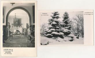 Budapest XI. Gellérthegy, Lázár villa. Kelenhegyi út 49. - 2 db régi fotó képeslap: belső, kert télen