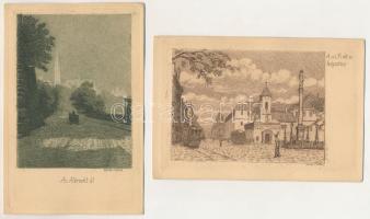 Budapest - Régi és új Budapest. 12 levelezőlap, Mátrai Vilmos eredeti rézkarcai, nyomatokat készítet...