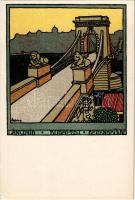 Budapest, Lánchíd. Wiener Werkstätte stílusú magyar szecessziós litho művészlap. Art Nouveau s: Föld...