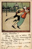 1917 Budapest XIV. Városliget, Korcsolyacsarnok, jégkorcsolyázók, téli sport. Wiener Werkstätte stíl...