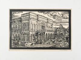 Varga Mátyás (1910-2002): Pesti Magyar Színház 1837-1908. Fametszet, papír, jelzett, Varga Mátyás autográf ajándékozási soraival, paszpartuban, 20×30 cm