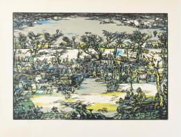 Török Endre (1926-1980): Téli vásár. Színes linómetszet, papír, jelzett, számozott (100/1), 29×42 cm