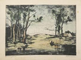 Szűcs János (1917-1995): Bodrogpart. Színes rézkarc, papír, kartonra kasírozva, jelzett. Lap széle kissé foltos, 28×38 cm