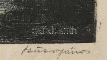 Szűcs János (1917-1995): Bodrogpart. Színes rézkarc, papír, kartonra kasírozva, jelzett. Lap széle k...