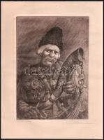 Gózon Lajos (1913-1981): Pásztor díszkürttel. Rézkarc, papír, jelzett. 30×20 cm