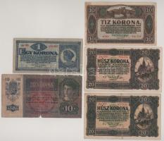 1915. 10K piros függőleges "DEUTSCHÖSTERREICH" felülbélyegzéssel + 1920. 1K + 10K "a 063 916.732" + 20K (2x) "2a 039 294493", "2a 057 857826" T:VG-VG,G