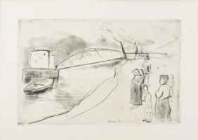 Szőnyi István (1894-1960): Dunapart. Rézkarc, papír. Hátoldalán "Szőnyi István hagyatéka" bélyegzővel. Paszpartun "Szőnyi István hagyatéki anyaga 12/50" felirattal és számozással. 12,5×19 cm