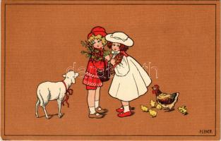 1910 Children art postcard, girls with lamb and chickens. M. Munk Nr. 511. s: P. Ebner
