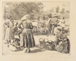 Dombrovszky László (1894-1984): Piaci jelenet. Rézkarc, papír, jelezve jobbra lent. 17×21,5 cm