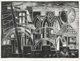 Nógrády Andor (1950?2016): Utca. Linómetszet, papír. Jelzett. Paszpartuban. 16,5×24 cm