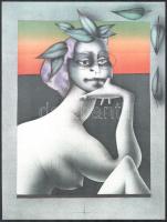 Paul Wunderlich (1927-2010): Félakt babérkoszorúval (1970-es évek). Színes litográfia, papír. Jelzés nélkül. Hátoldalán feliratozott. 31x23 cm