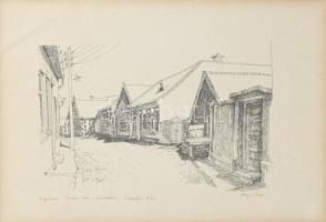 Sólyom Lajos (1935-2024): Nagyvárad, Fecske utca (lebontották). Litográfia, papír, jelzett, számozott (30/13), üvegezett fakeretben, 15x24 cm.
