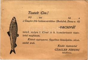 1937 Czagler Ferenc halászcsárda reklám, vacsorameghívás. Budapest XXII. Budafok, Duna utca 10. / Hu...