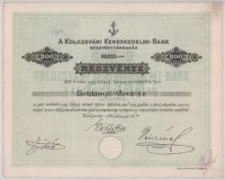 1894. Kolozsvár "Kolozsvári Kereskedelmi-Bank" részvénye 200K-ról szárazpecséttel, szelvén...
