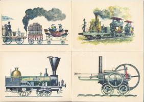 MOZDONYOK - 7 db modern grafikai lap mozdonyokkal, Kondor Lajos grafikája / 7 modern graphic art motive cards with locomotives, by Lajos Kondor