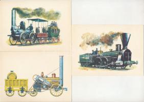 MOZDONYOK - 7 db modern grafikai lap mozdonyokkal, Kondor Lajos grafikája / 7 modern graphic art mot...