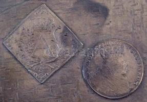 Fa ládika (250x110x53mm) tetején fém betéttel, rajta rögzítve egy 1699-es és egy 1754-es tallér elő ...