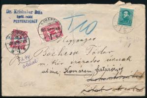 1933 Pestszenterzsébet helyi levél továbbküldve Komáromba 12f portóval (sérült boríték / damaged cover)