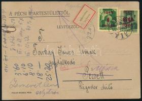 1945 (2. díjszabás) Pécs helyi levelezőlap, visszaküldve "Ismeretlen" címkével