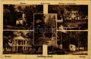 1944 Erdőbénye-gyógyfürdő, Fürdőlak, kápolna, fenyves részlet, Fehérház a parkkal, automobil, vendéglő. Mautlinger M. Miklós kiadása (szakadás / tear)