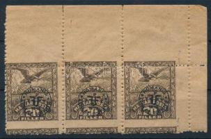 Debrecen I. 1920 20f közönséges papíron ívsarki hármascsík látványosan elfogazva, Bodor vizsgálójellel