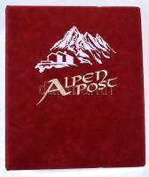 "Alpen Post" piros, plüssborítású, négygyűrűs album, 14db kettesosztású berakólappal. Használt, de jó állapotban