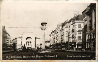 1944 Temesvár, Timisoara; Bulevardul Regele Ferdinand I, Toate drepturile rezervate / üzletek, automobilok, villamos / shops, automobiles, tram. photo (EB)