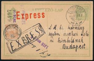 1915 Expressz 5f díjjegyes levelezőlap Turul 30f díjkiegészítéssel