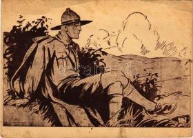 1931 Cserkész művészlap. Kiadja a Cserkészbolt / Hungarian boy scout art postcard s: Márton L. + "Szigliget postai ügyn." (r)